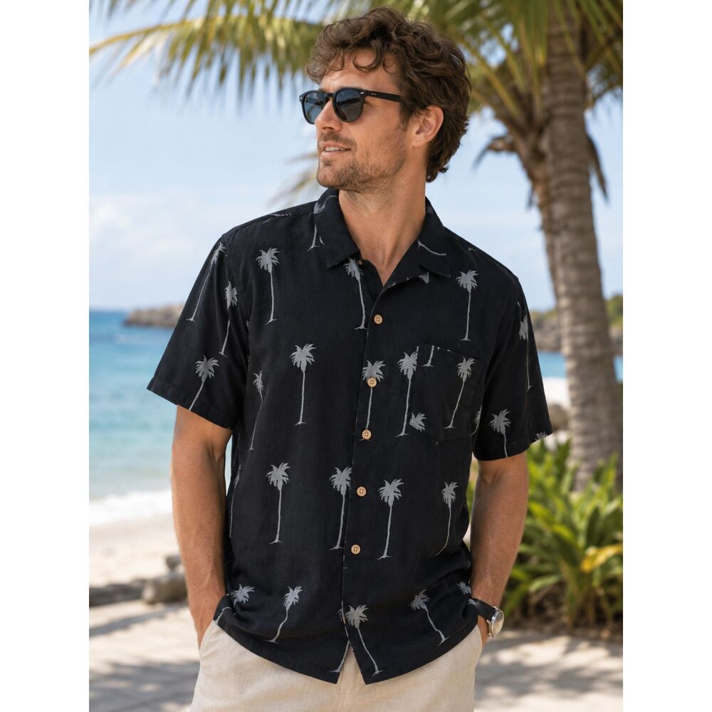 Wyland Men's Black Hawaiian Camp Shirt Gray Palm Tree Print Button Front Size M